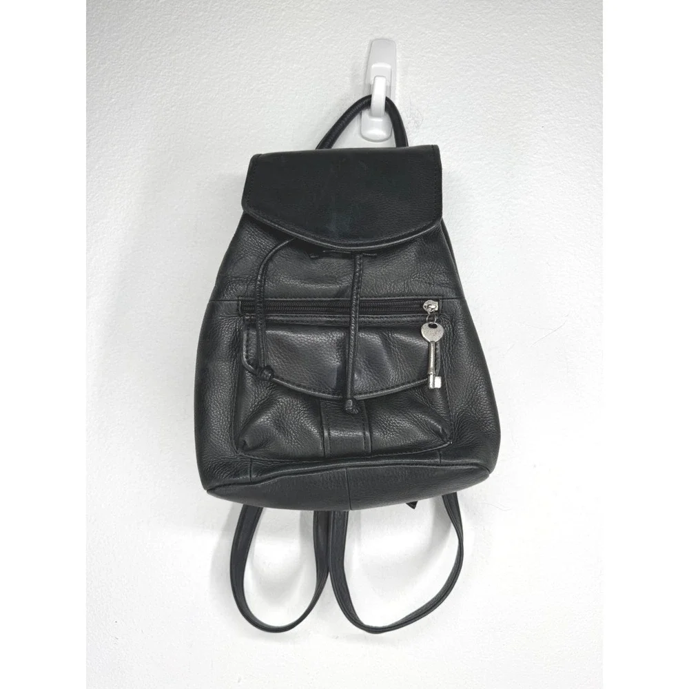 Fossil Y2K Vintage Black Pebbled Leather Mini Backpack Key Drawstring Bag 90s